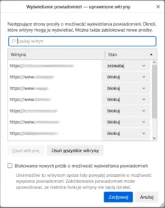 Mozilla Firefox - Zarządzanie uprawnieniami witryn, które mogą wysyłać powiadomienia.
